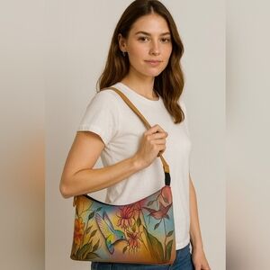 Anuschka Genuine Leather Hand-Painted Shoulder Bag – Hummingbird & Floral Design